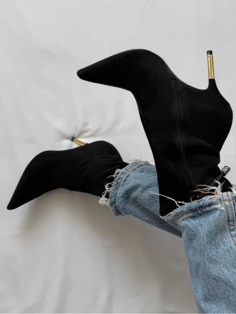 Zara Black Pointed Toe Ankle Booties with Gold Stiletto Heel